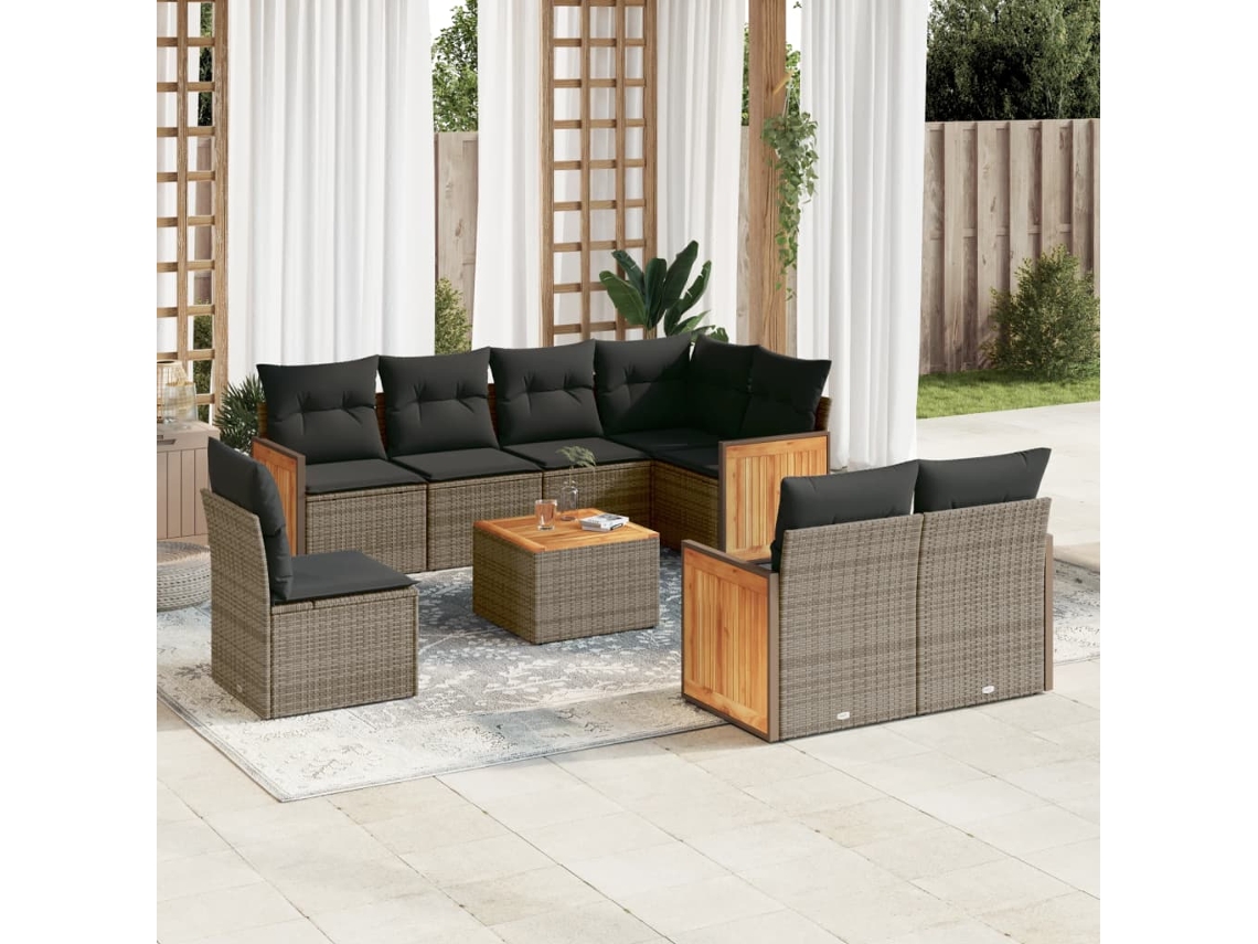 Vidaxl 9 Pcs Conjunto Sofás P/ Jardim Com Almofadões Vime Pe Cinzento