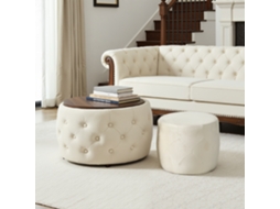 2 Banquetas Empilháveis com Veludo, 4em1, Armazenamento, Prateleira Bege 58x58x38cm | VELTRIX