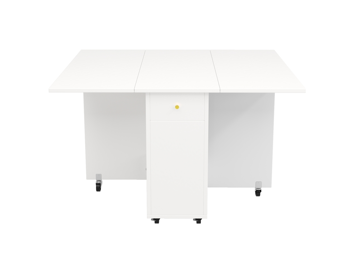 Mesa dobrável PAPRIKA com armário, duas laterais retráteis, 70x83x75 cm em branco e madeira natural