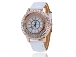 Relógio de Pulso Redondo com Quartzo, Pulseira de Couro Pu e Strass Branco