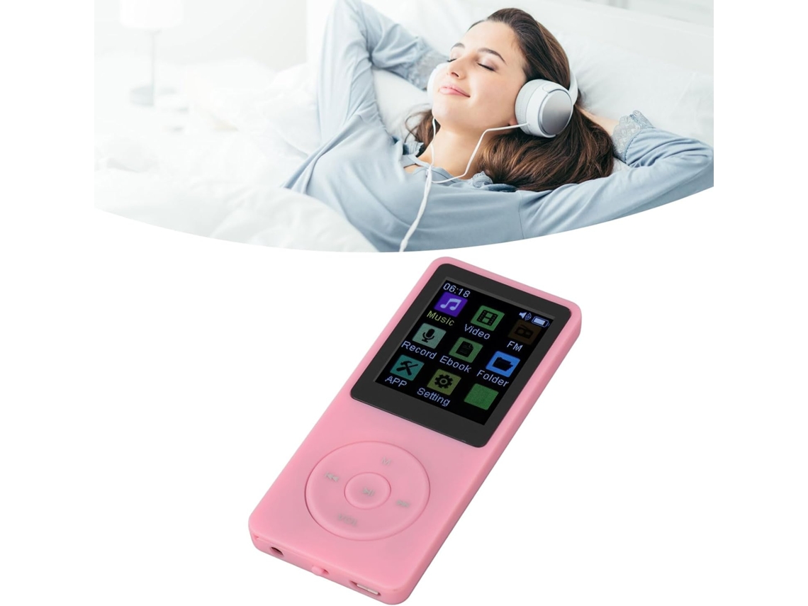 Reprodutor de MP3/MP4 Bluetooth, tela de 1 polegada, reprodução de música com entrada de áudio de 1,82 mm, suporte a vídeo, gravação de voz, livros.