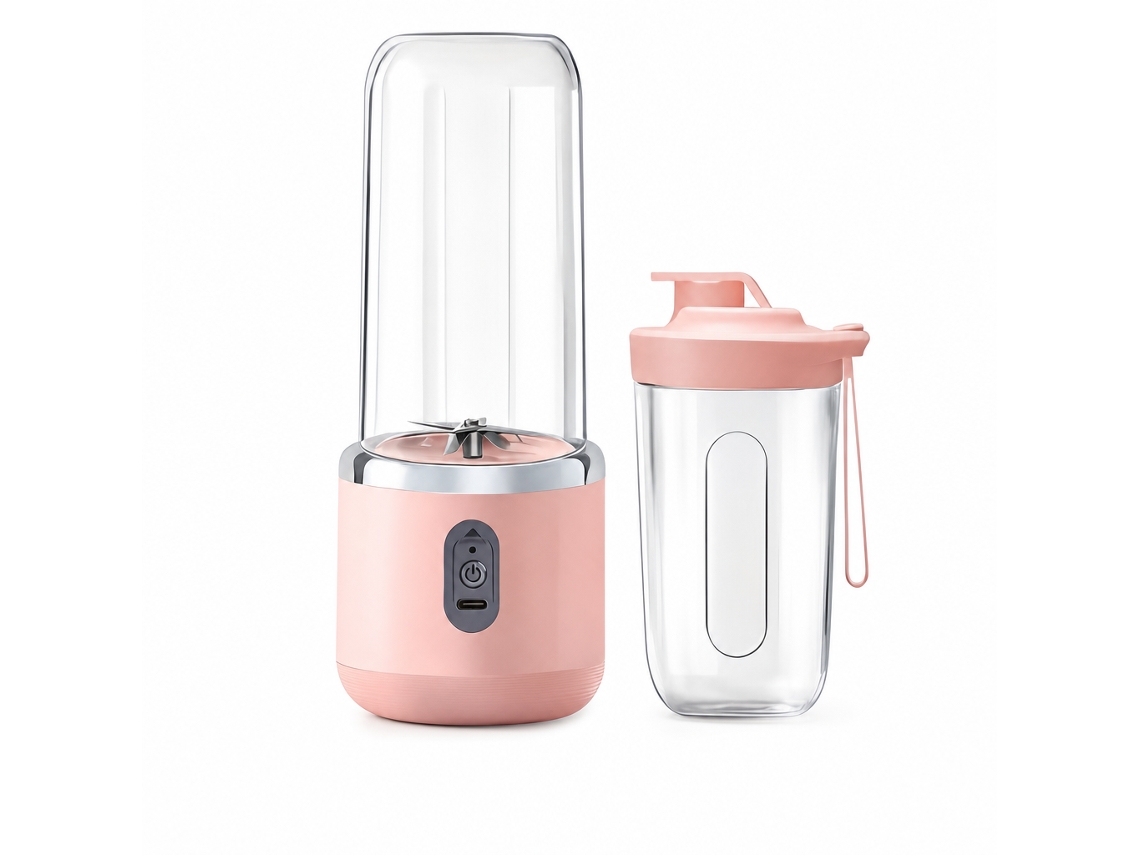 Liquidificadora Portátil Recarregável Rosa, 2 Copos, Lâmina De 6 Lâminas, Tampa Portátil, 45 W, Usb-c, Bateria 800 Mah