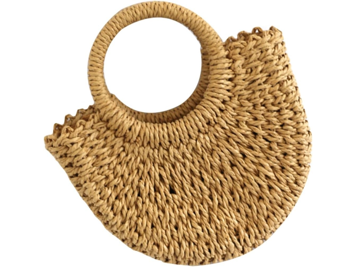 Bolsa De Praia Grande Em Palha Trançada Marrom, Formato Meia-lua, Bolsa Elegante Feita À Mão.