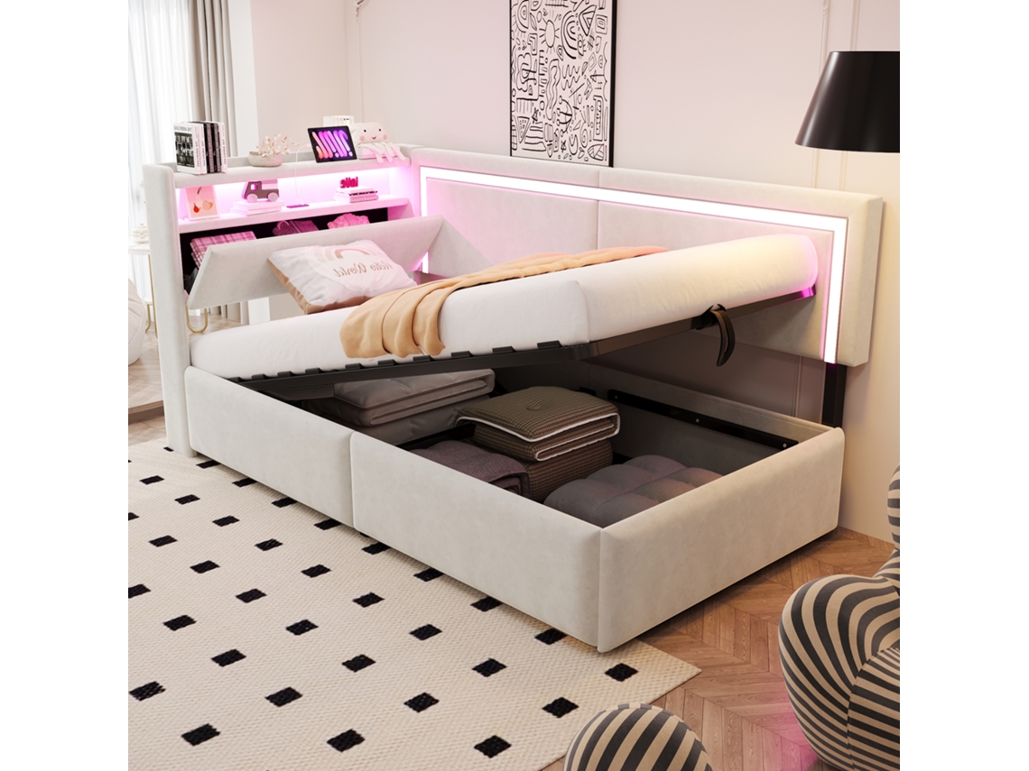 Sofá-cama Estofado 90x200 Cm Com Led, Usb, Cabeceira Com Armazenamento, Sistema Hidráulico, Veludo Bege