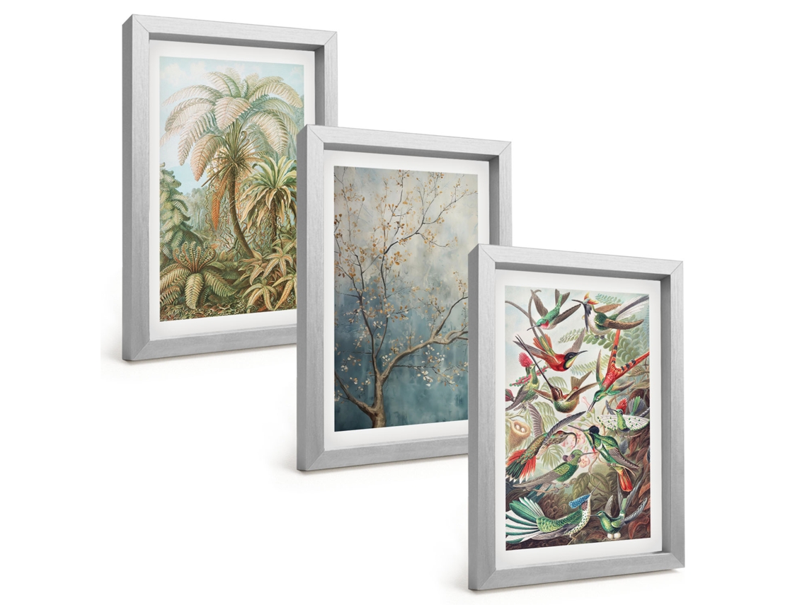Composição De Quadros Plantas Tropicais, Pássaros, Natureza Espelharte (3 Peças 20x30 Cm)