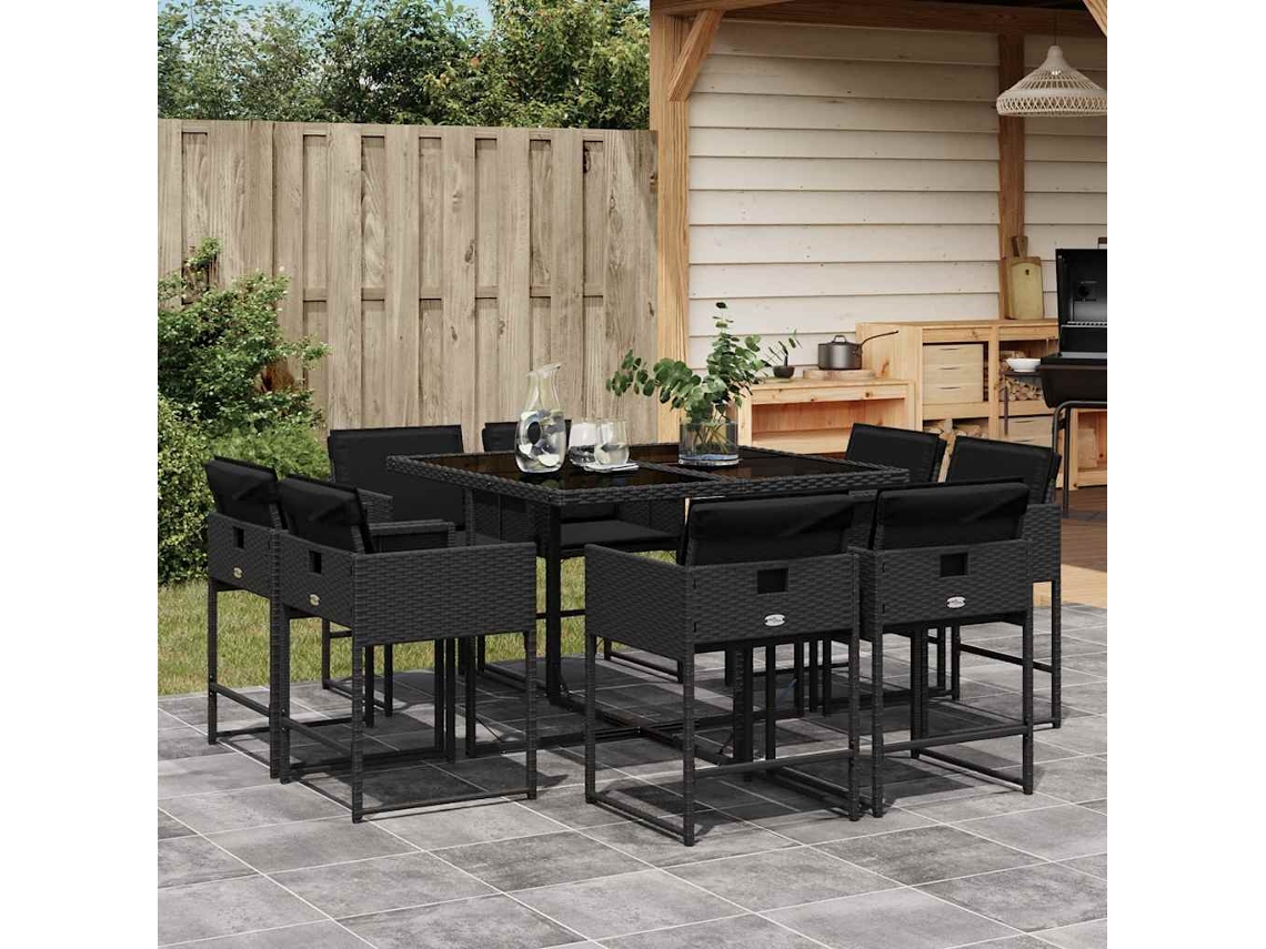 Vidaxl 9 Pcs Conjunto De Jantar P/ Jardim C/ Almofadões Vime Pe Preto