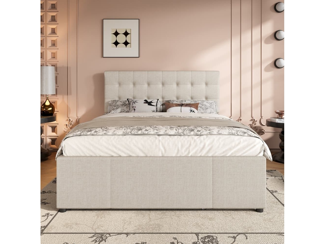 Cama Estofada 140x200cm - Cama De Casal, Com Três Gavetas, Cama Extensível, Cabeceira Ajustável, Sem Colchão - Bege