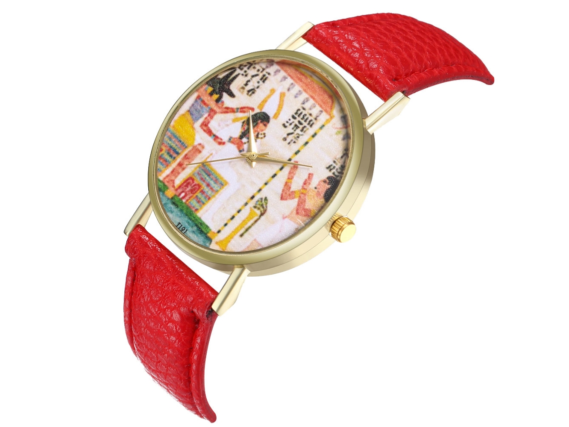 Relógio de pulso de quartzo com mostrador vintage e pulseira de couro para mulheres e homens (vermelho)