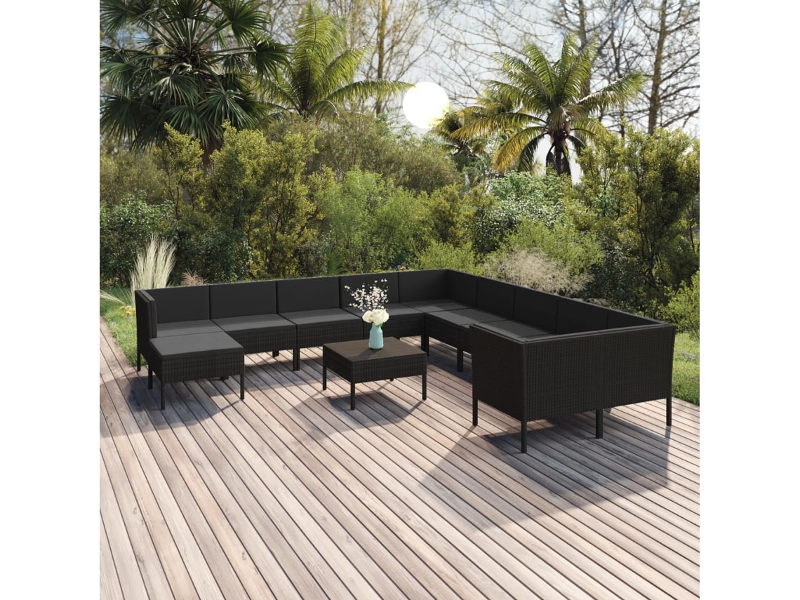Vidaxl 12 Pcs Conjunto Lounge De Jardim C/ Almofadões Vime Pe Preto