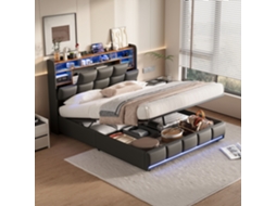 Cama De Casal Adulta 140x190 Cm Com Arrumação, Led, Cabeceira Com Nichos, Estrado De Ripas, Pu, Preto, Sem Colchão