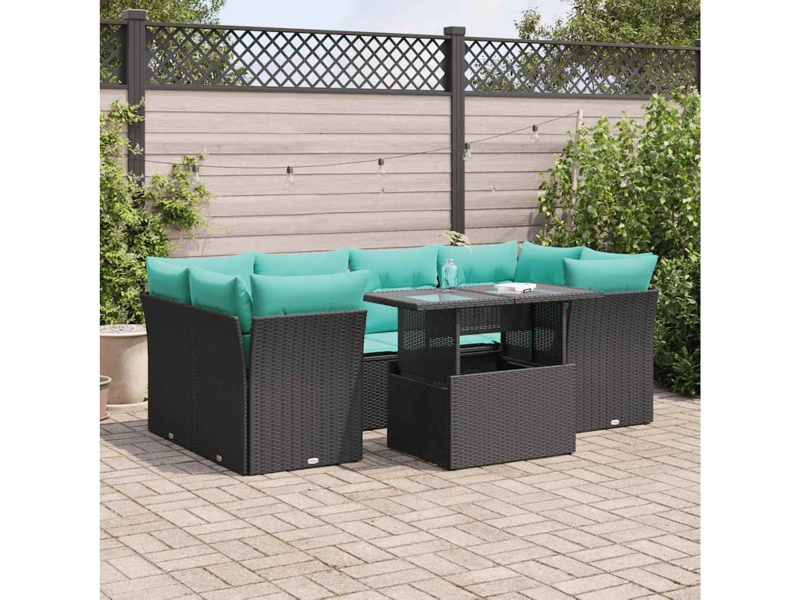 Vidaxl 7 Pcs Conjunto Sofás Jardim C/ Almofadões Vime Pe/acácia Preto