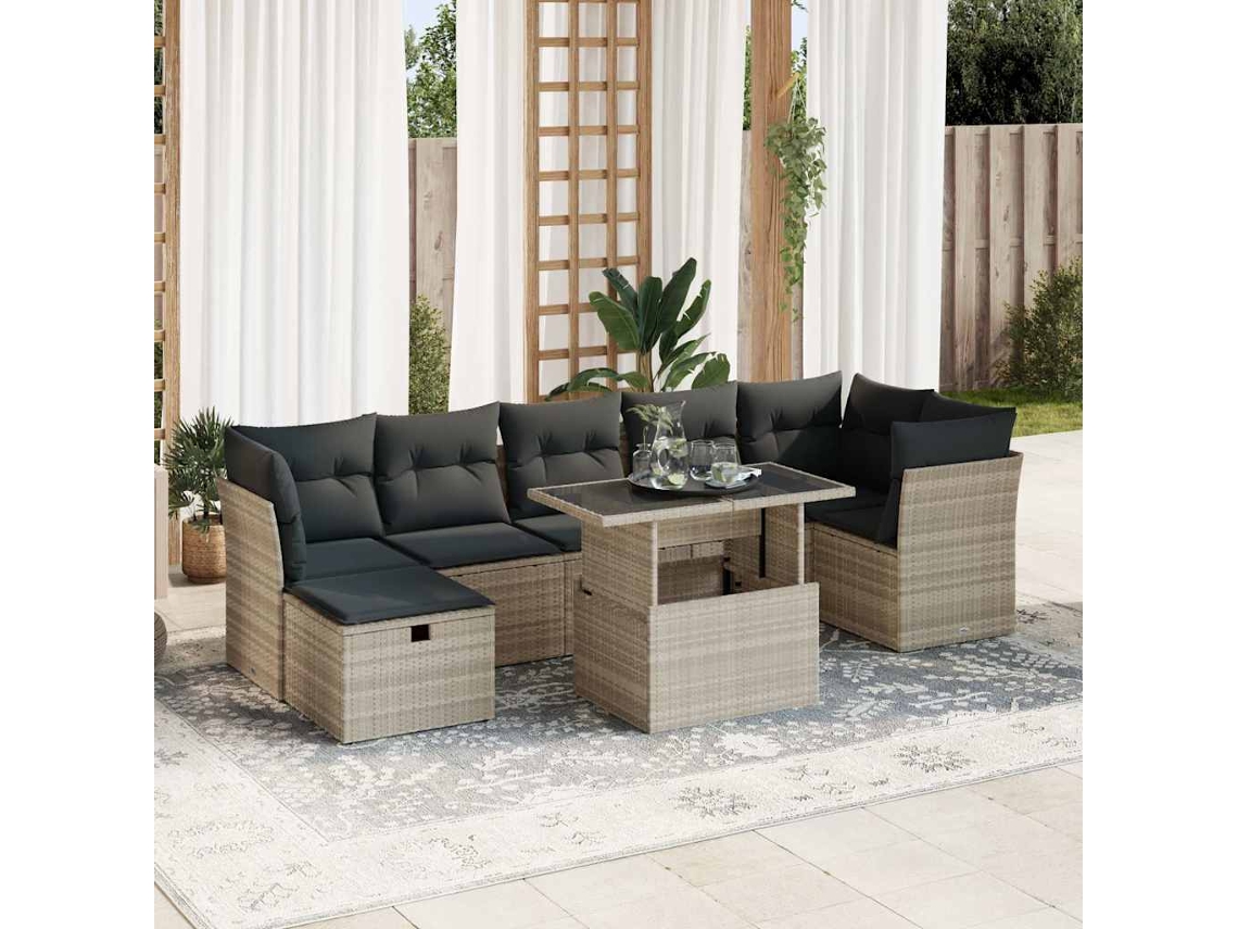 Vidaxl 8 Pcs Conj. Sofás Jardim C/ Almofadões Vime Pe Cinzento-claro
