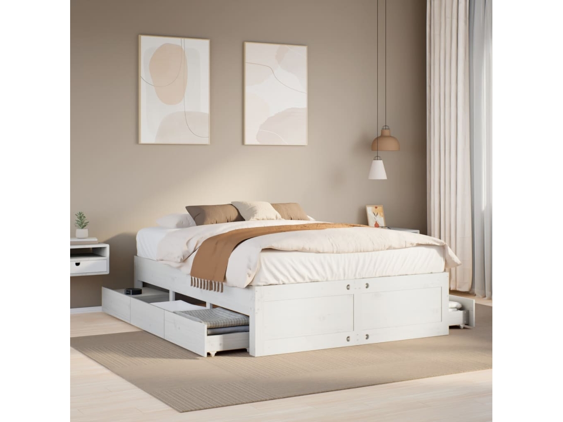 Vidaxl Cama Sem Colchão Com Gavetas 150x200 Cm Pinho Maciço Branco