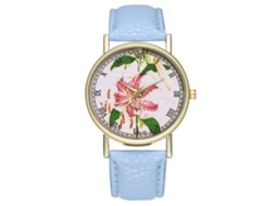 Relógio de pulso feminino analógico de quartzo com estilo floral e pulseira de PU (azul claro)