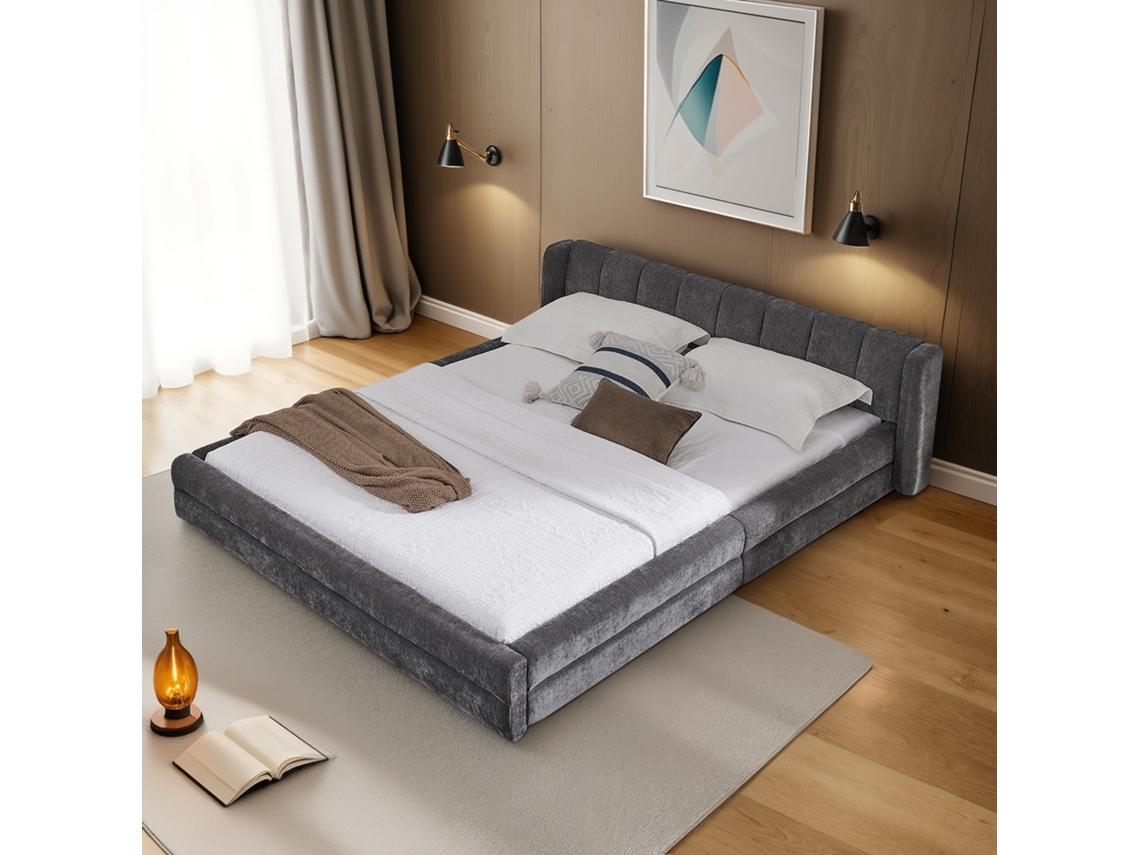 Cama Casal 140x200cm Tecido Chenille Robusta Cinza Escuro Sem Colchão