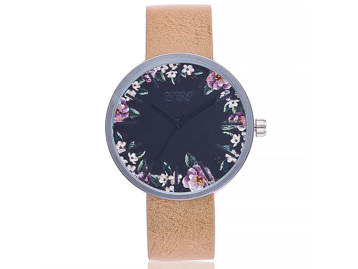 Relógio de Pulso Feminino Ccq Fashion com Dial Redondo e Impressão Floral Bege