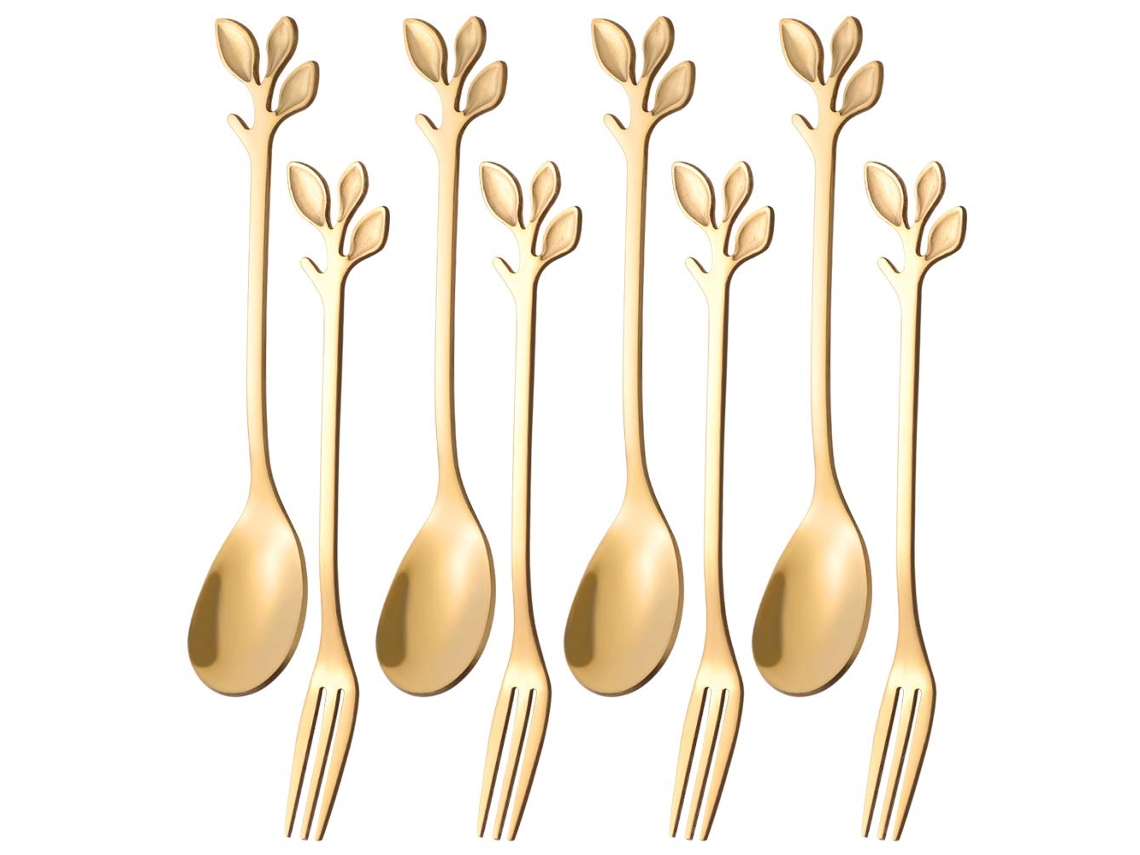 8 Peças 4 Colheres E 4 Garfos Design Da Árvore Da Vida Conjunto De Utensílios Para Sobremesa E Café Conjunto De Chá Para Chá Da Tarde Dourado