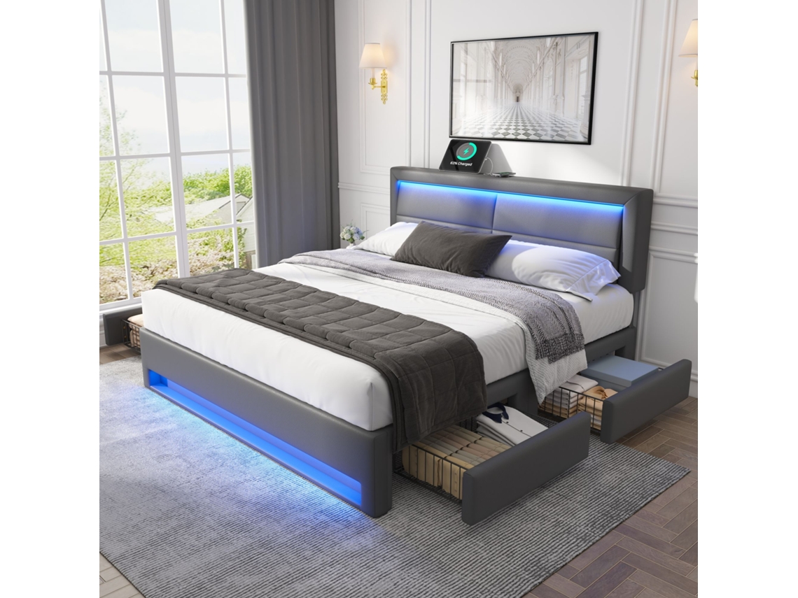 Cabeceira Com Led 140x190cm Com Porta Usb E Iluminação, Design Pu Cinza Texturizado, Sem Colchão Hvorstur