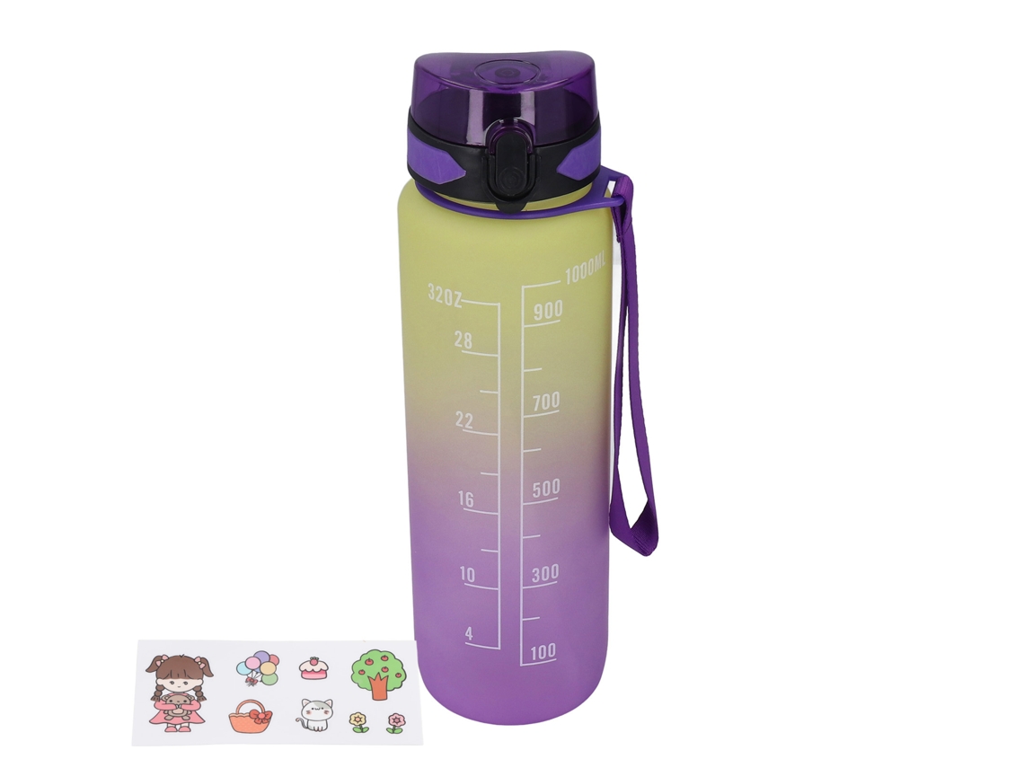 Botella De Água Esportiva 1000ml Roxa Portátil Gradiente Com Tampa Rebotante E Corda Adesiva