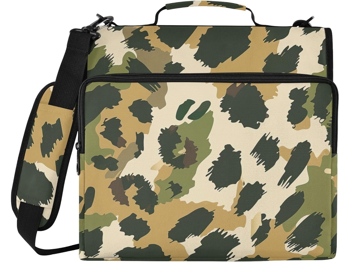Pasta Com Zíper De 3 Argolas 1, 5 Polegadas Com Estampa De Leopardo Verde Militar, Alça De Ombro E Mão, Portfólio Com