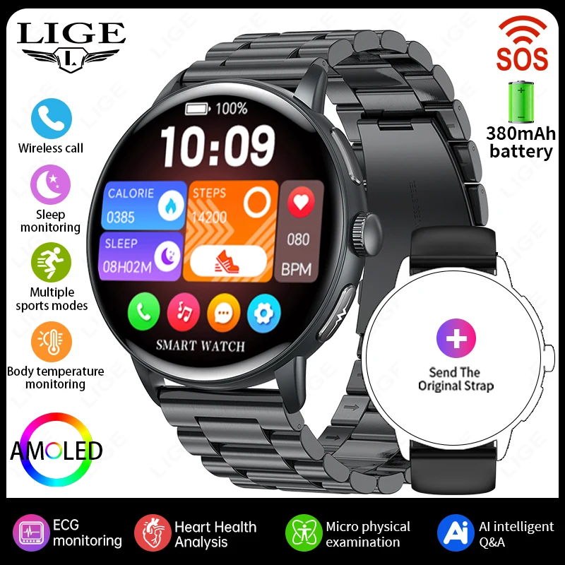 Smartwatch MDUG com monitoramento de gordura, ácido úrico, saúde menstrual, pulseira de aço preto