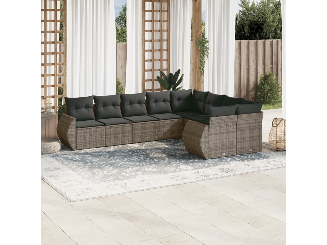 Vidaxl 9 Pcs Conjunto Sofás P/ Jardim com Almofadões Vime Pe Cinzento
