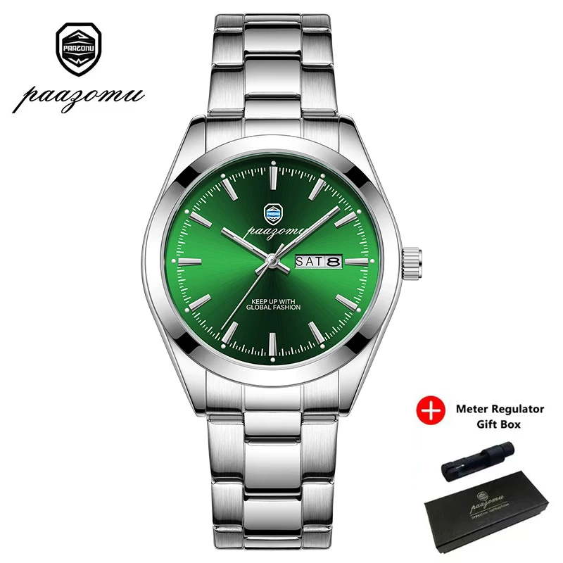 Relógio Elegante E À Prova D'água (verde Prateado), Em Aço Inoxidável, Com Funções De Data E Dia Da Semana.