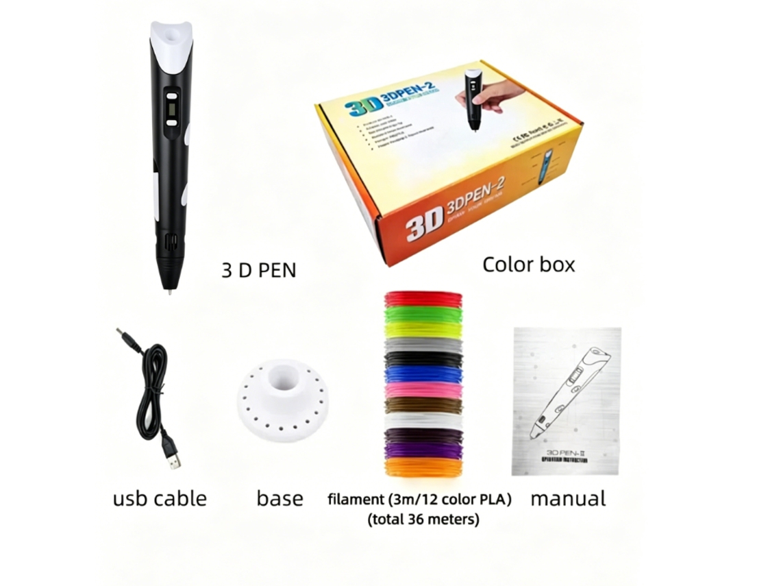 Caneta De Impressão 3d Infantil Com Tela Lcd,temperatura/velocidade Ajustáveis, 3m X 12 Cores Filamentos, Preto Digitallab