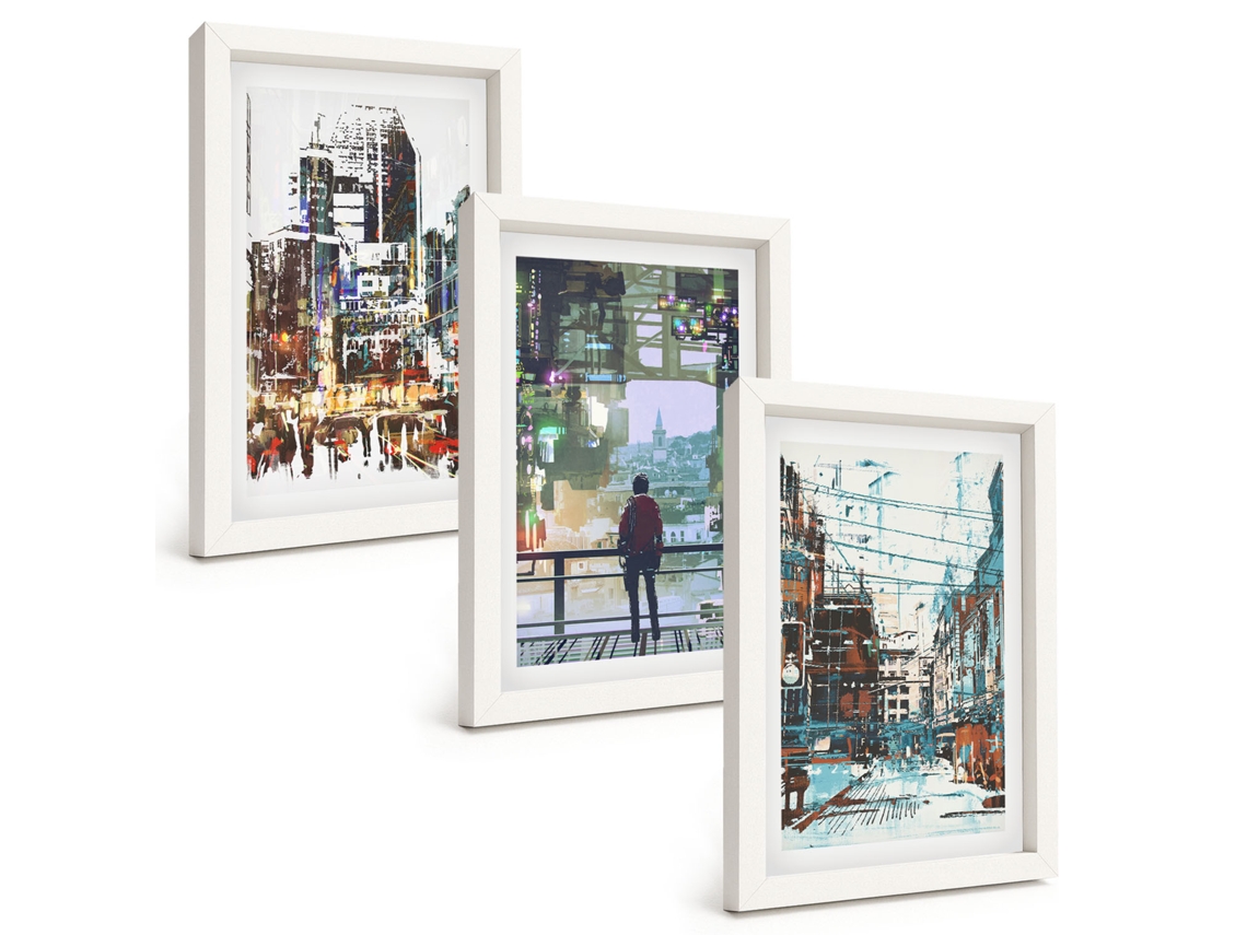 Composição De Quadros Na Parede Cidades Modernas, Figuras Coloridas Moldura Branca Imagens Para Um Quarto Infantil Espelharte (3 Peças 20x30 Cm)