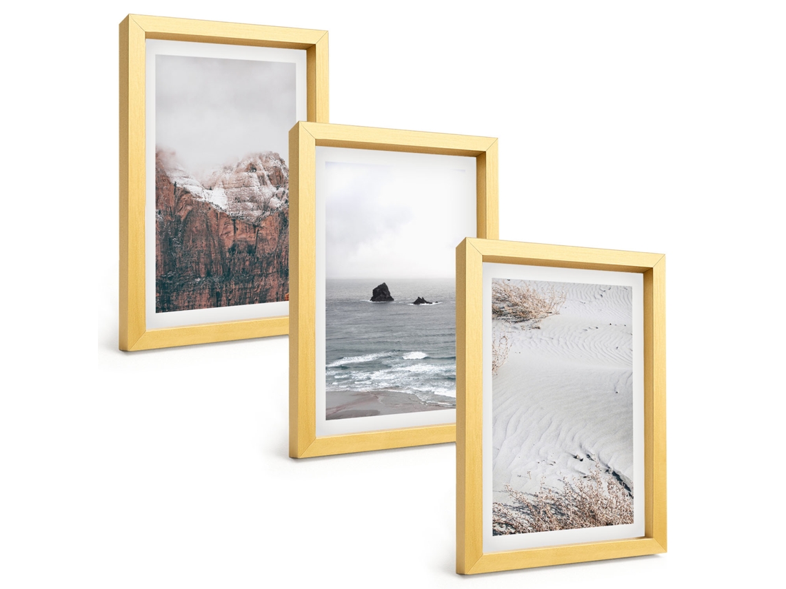 Composição De Quadros Na Paredemontanhas, Nuvens, Mar, Areia, Natureza Moldura Dourada Quadros Para A Sala De Estar Espelharte (3 Peças 20x30 Cm)