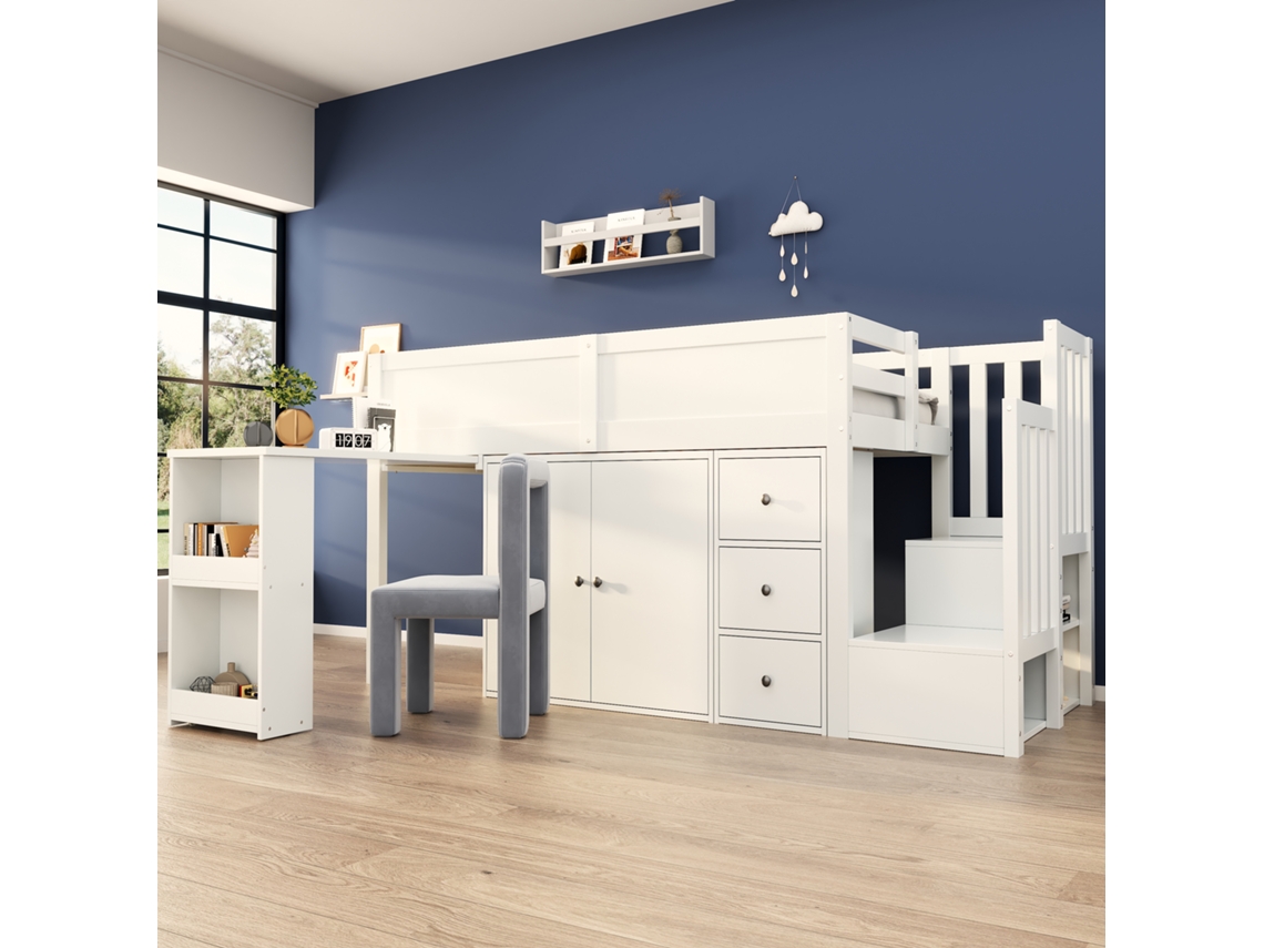 Cama Alta 90x200 Mdf Escrivaninha Armário Escada Infantil VOLTEDGE