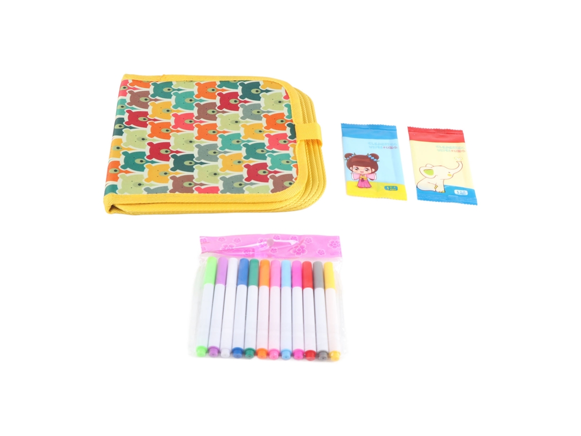 Livro de desenho reutilizável ATS com 14 páginas e 12 lápis de água, brinquedo portátil e apagável para crianças.