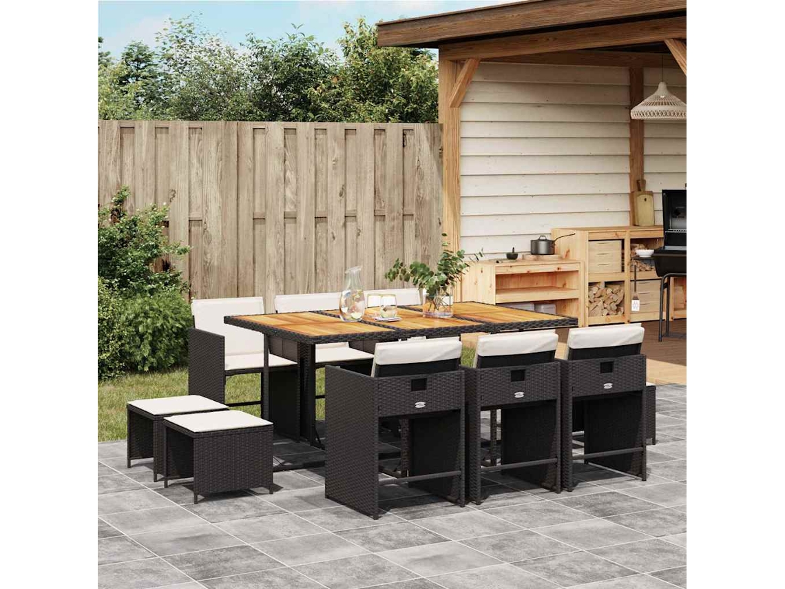 Vidaxl 11 Pcs Conjunto De Jantar P/ Jardim C/ Almofadões Vime Pe Preto