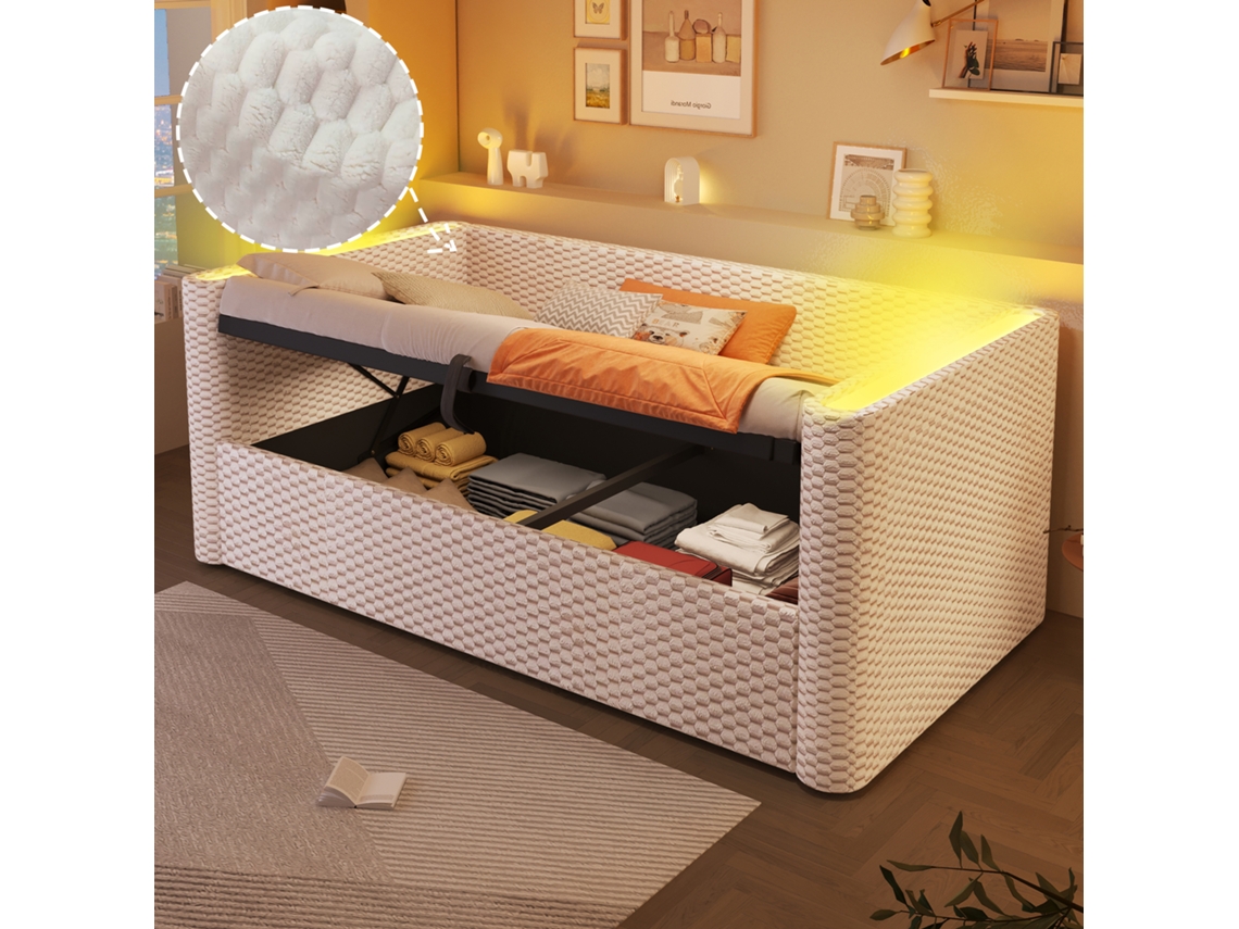 Divã de solteiro 90x200 Cm, iluminação Led, compartimento de arrumação hidráulico, ripas, veludo bege, sem colchão VSOGA