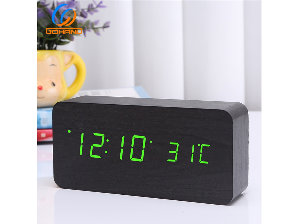 Reloj De Madera Digital Recargable Y Silencioso. Triple Alarma, Con Pantalla De Hora/fecha/temperatura. Madeira Preta Com Caracteres Verdes. Sfushos