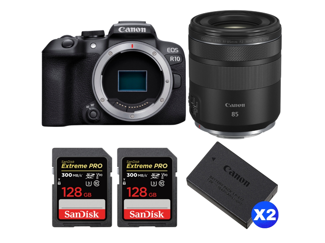 Eos R10 + Rf 85mm F2 Macro Is Stm + 2 Sandisk 128gb Uhs ii 300mb/s + 2 Canon Lp e17 + Ebook “20 Dicas para Fotos Que Impressionam” CANON