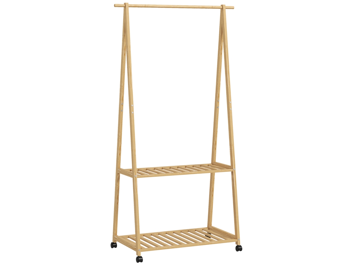 Charriot de Bambu para Roupa com 2 Prateleiras Abertas, 2 Ganchos e Rodas 84,5x43,5x158 Cm S/MARCA