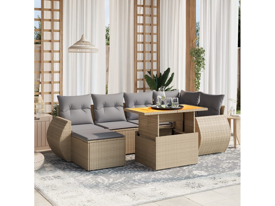 Vidaxl 7 Pcs Conjunto De Sofás P/ Jardim Com Almofadões Vime Pe Bege