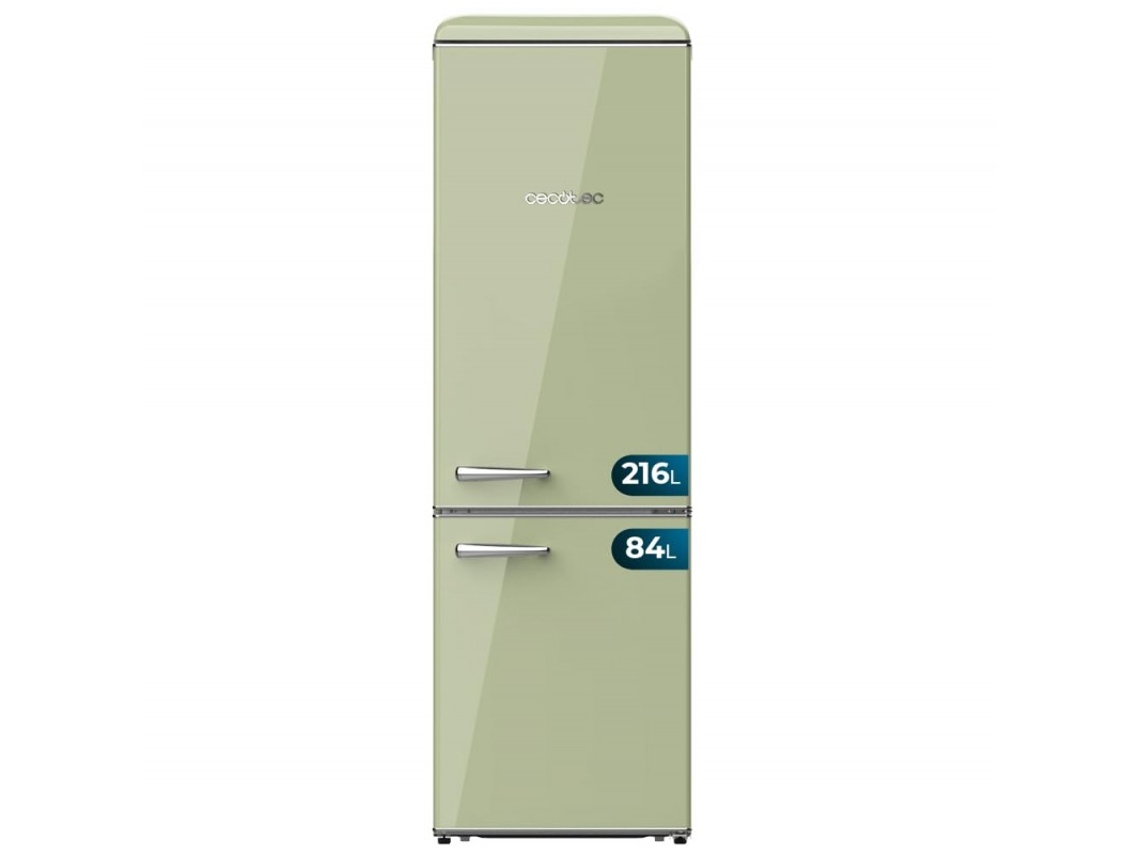 Frigorífico Retro Combi Origin Green com Capacidade de 300 L Classe e Led Interior Prateleiras de Vidro CECOTEC