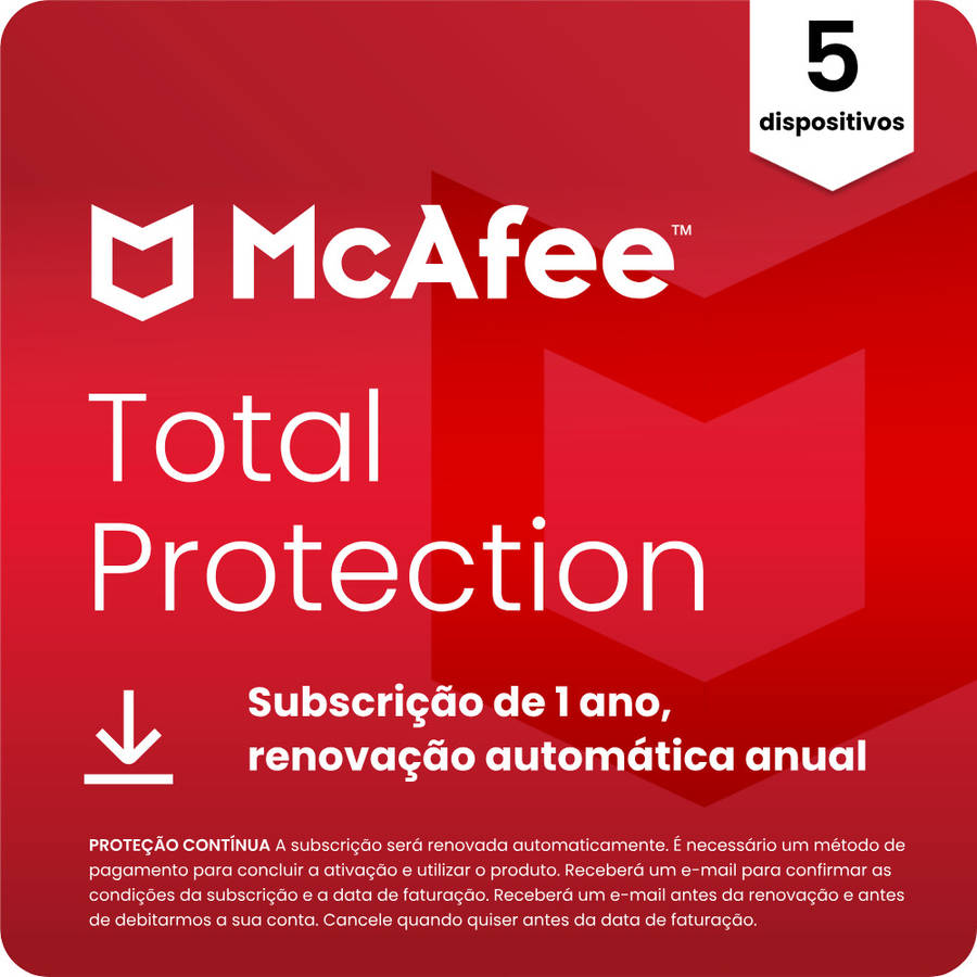 Software MCAFEE Total Protection (5 Dispositivos - 1 ano - PC, Mac, Smartphone e Tablet - Formato Digital)