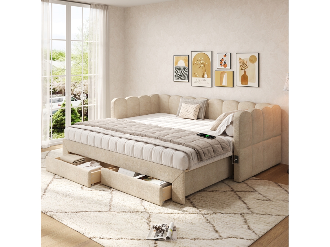 Sofa-cama Expansivel Acolchoado Com 2 Gavetas E Usb Em Chenille Bege 90x190 Cm