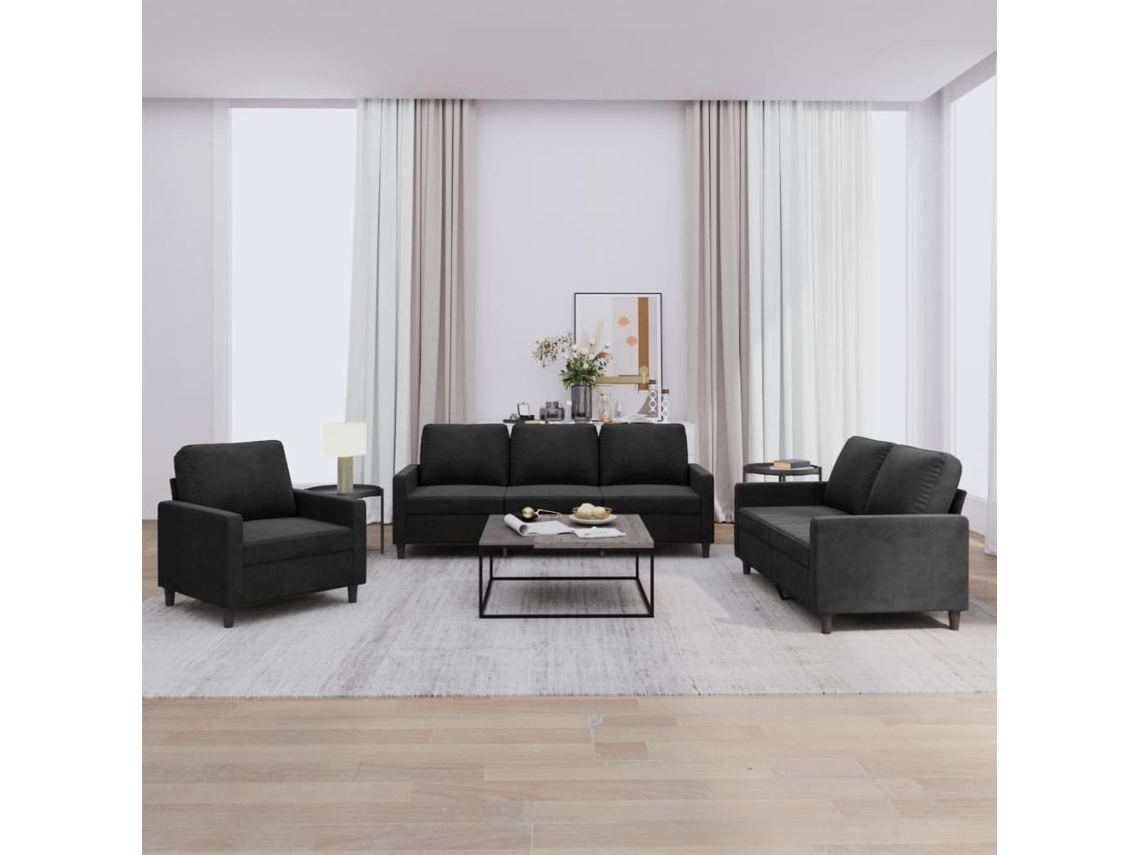 Vidaxl 3 Pcs Conjunto de Sofás com Almofadões Veludo Preto