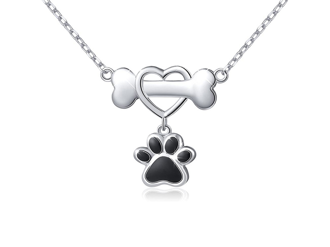Colar Feminino Moderno, Feito Em Prata S925, Com Delicados Enfeites De Pata De Cachorro Também Em Prata.