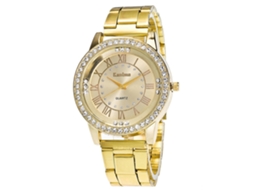 Relógio de pulso unissex casual e elegante em aço dourado com strass e movimento de quartzo.
