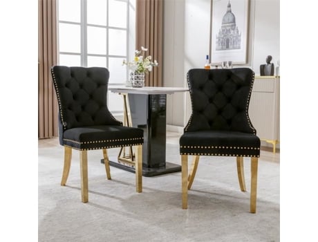 Cadeira De Sala De Jantar Dreammespace Estofada Veludo Preto Pés Em Aço Inoxidável Dourado 2 Lugares