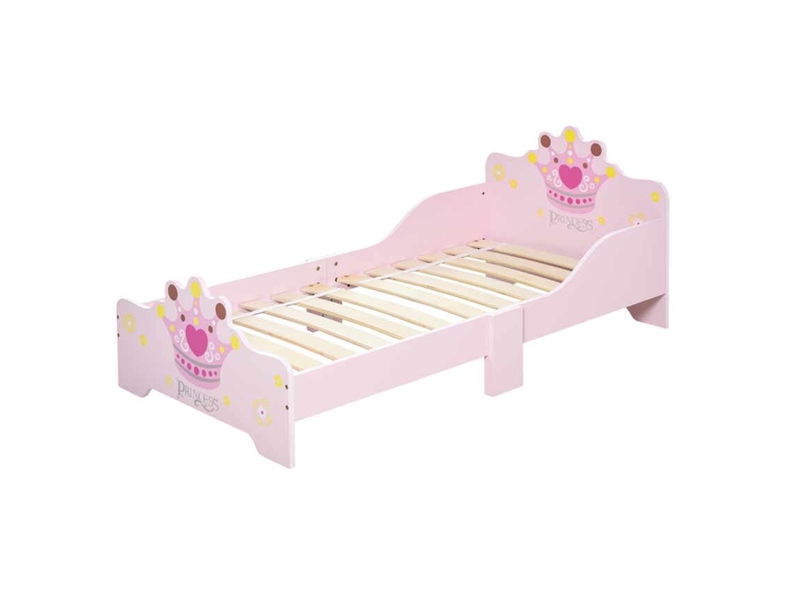 Cama Infantil 140 X 70 Cm – Design Princesa Com Estampado Coroa – Base Ripada Incluída – Mdf E Contraplacado – Rosa