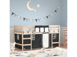 Cama Alta Criança C/ Cortina 90x190cm Pinho Maciço Branco/preto
