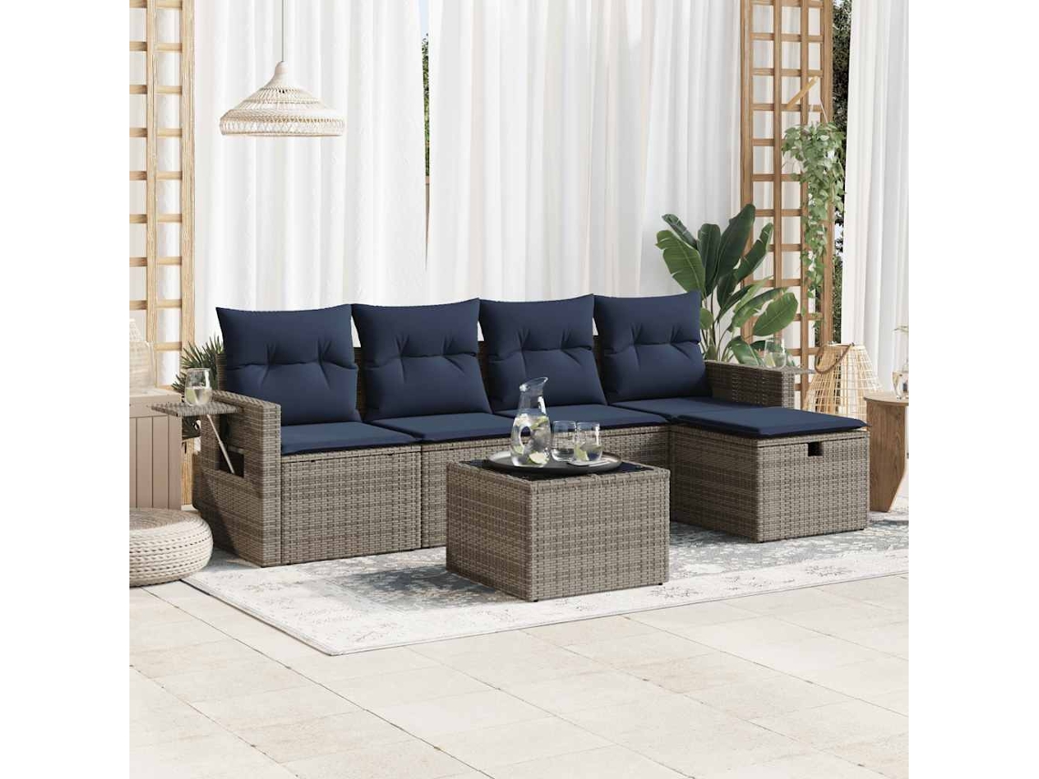 Vidaxl 6 Pcs Conjunto Sofás De Jardim Com Almofadões Vime Cinzento