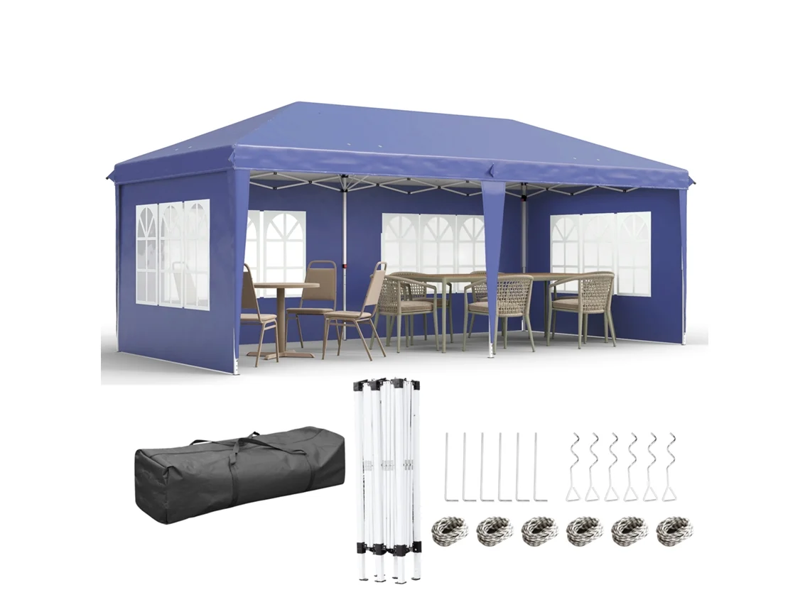Carpa Desmontável 6x3m com 4 Laterais,4 Janelas Visíveis e Bolsa de Transporte azul BTFORUS