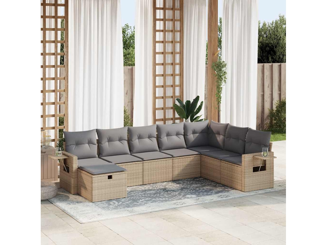 Vidaxl 8 Pcs Conjunto De Sofás P/ Jardim Com Almofadões Vime Pe Bege